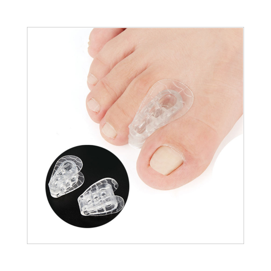 Transparent toe separators on a foot with inset showing product details.
