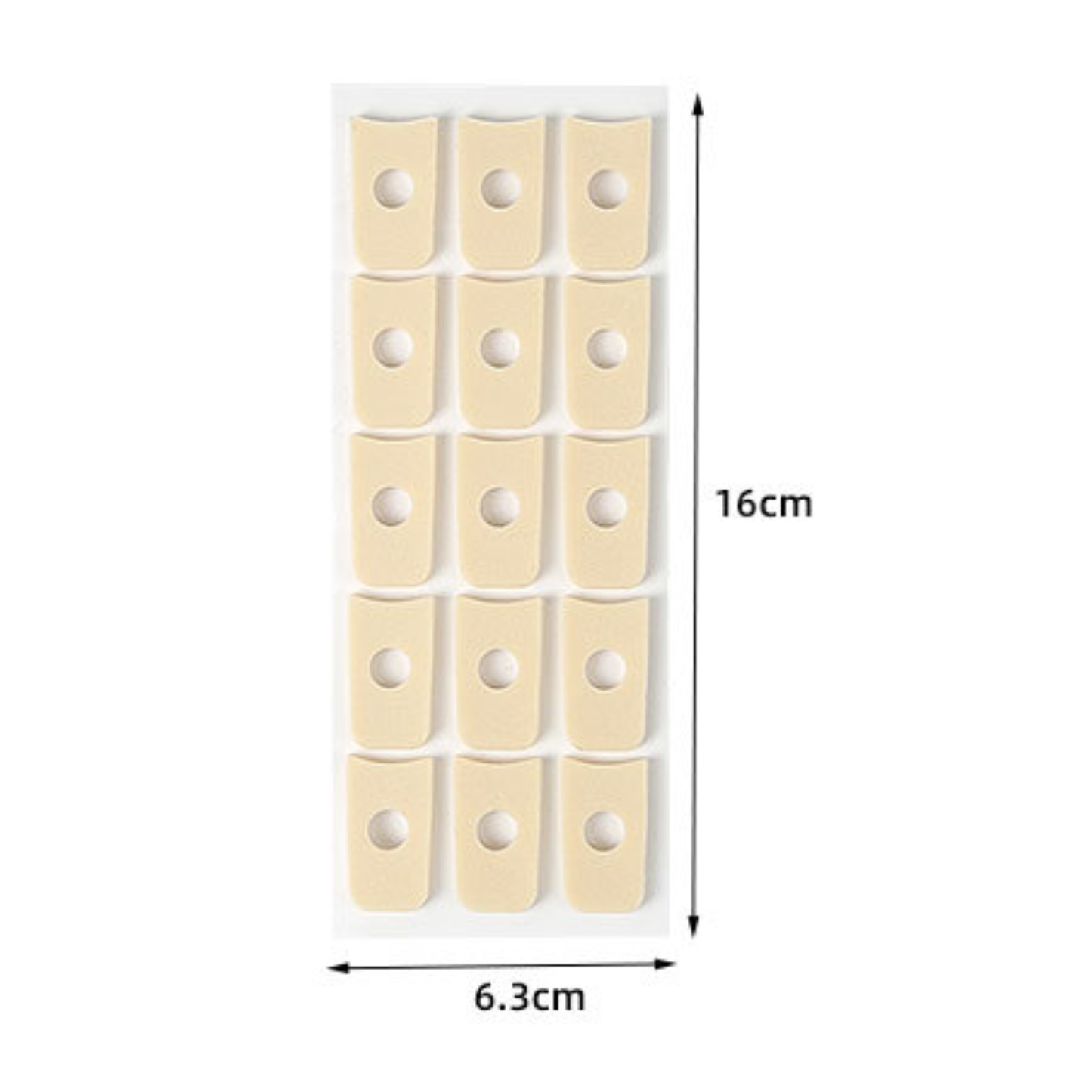 Pack of beige fabric patches with dimensions labeled on a white background