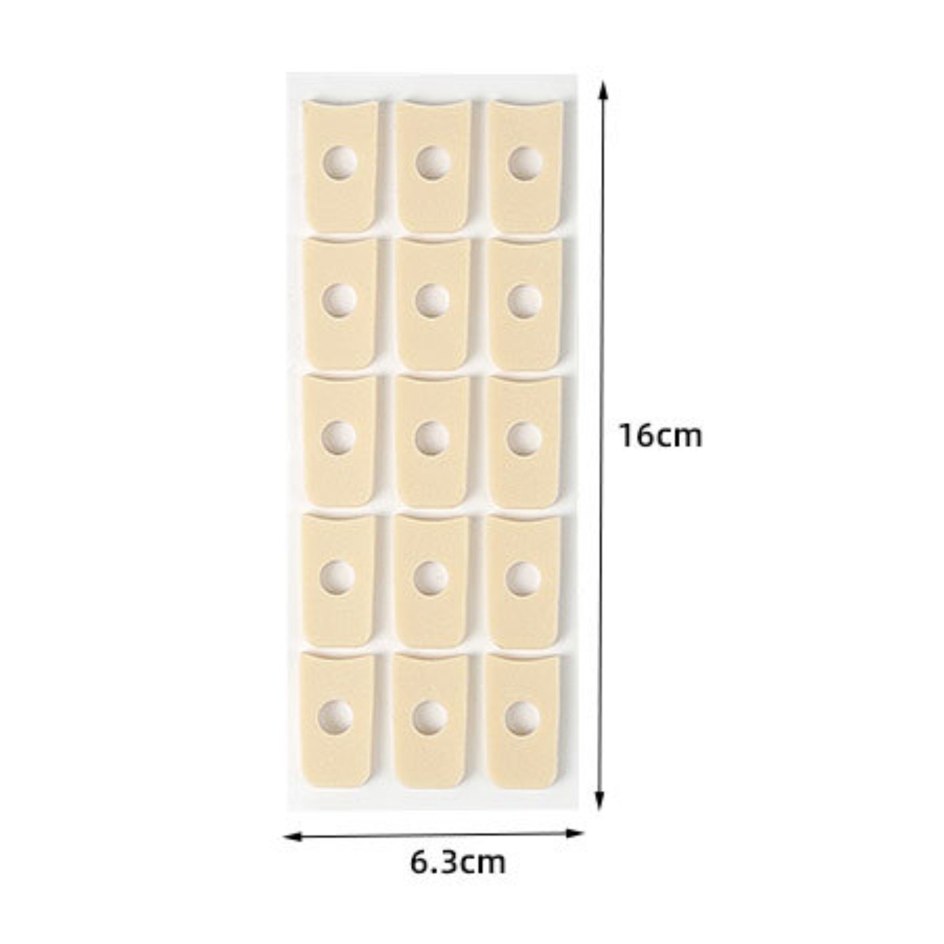 Pack of beige fabric patches with dimensions labeled on a white background