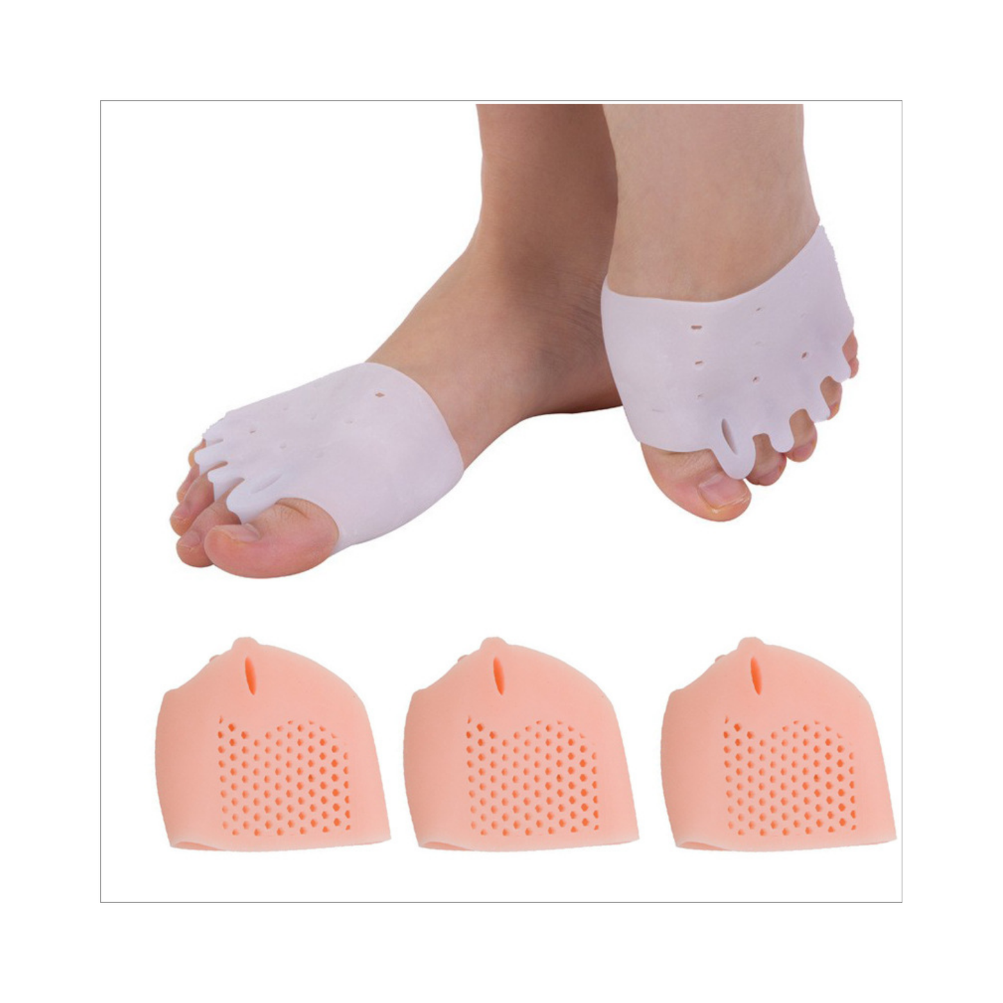 Bunion correctors on feet with three additional bunion correctors displayed below.